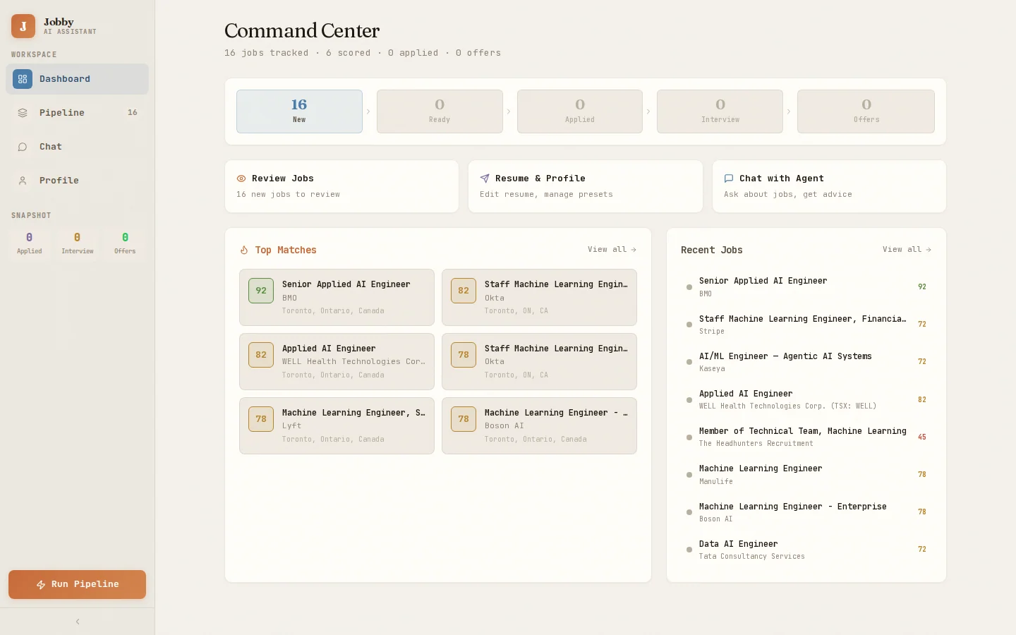 Jobby command center showing resume-based fit scores from a completed job search