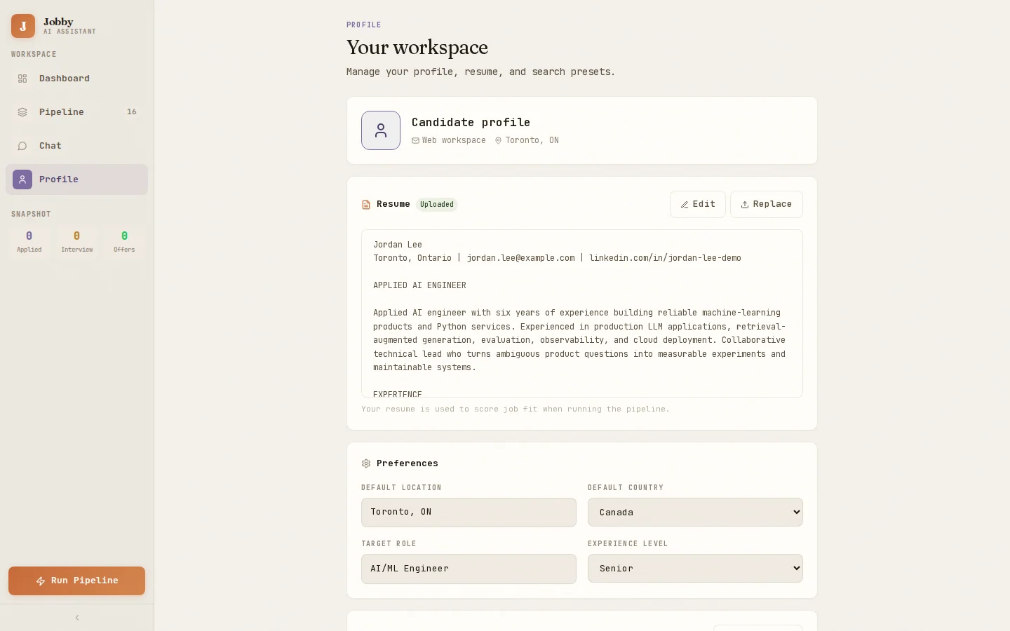 Jobby resume workspace containing a fictional candidate resume